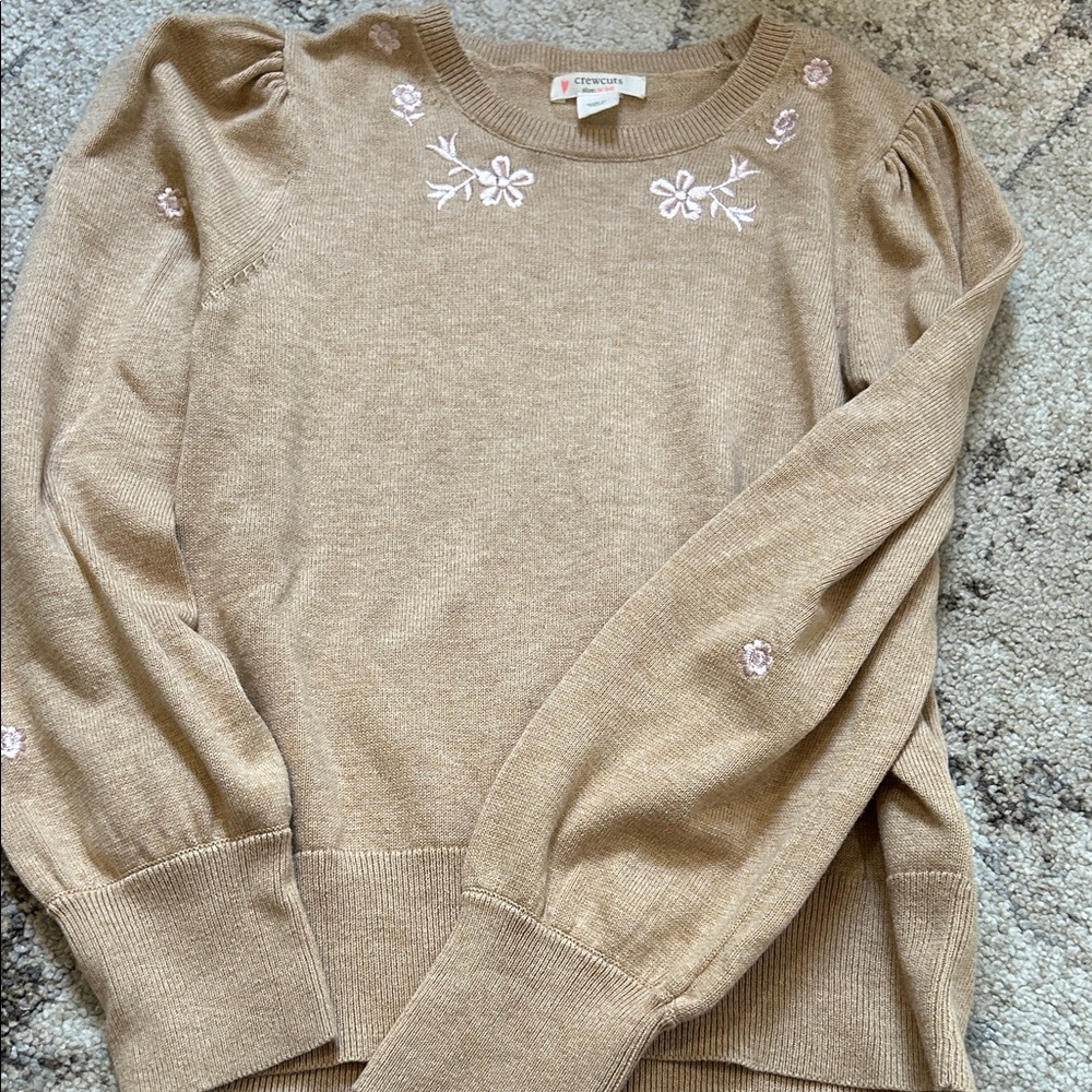Crewcuts Camel Crewneck Sweater with Pink Floral Embroidery
